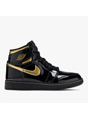 NIKE Air Jordan Youth Air 1 Retro High Og Patent Black Metallic Gold